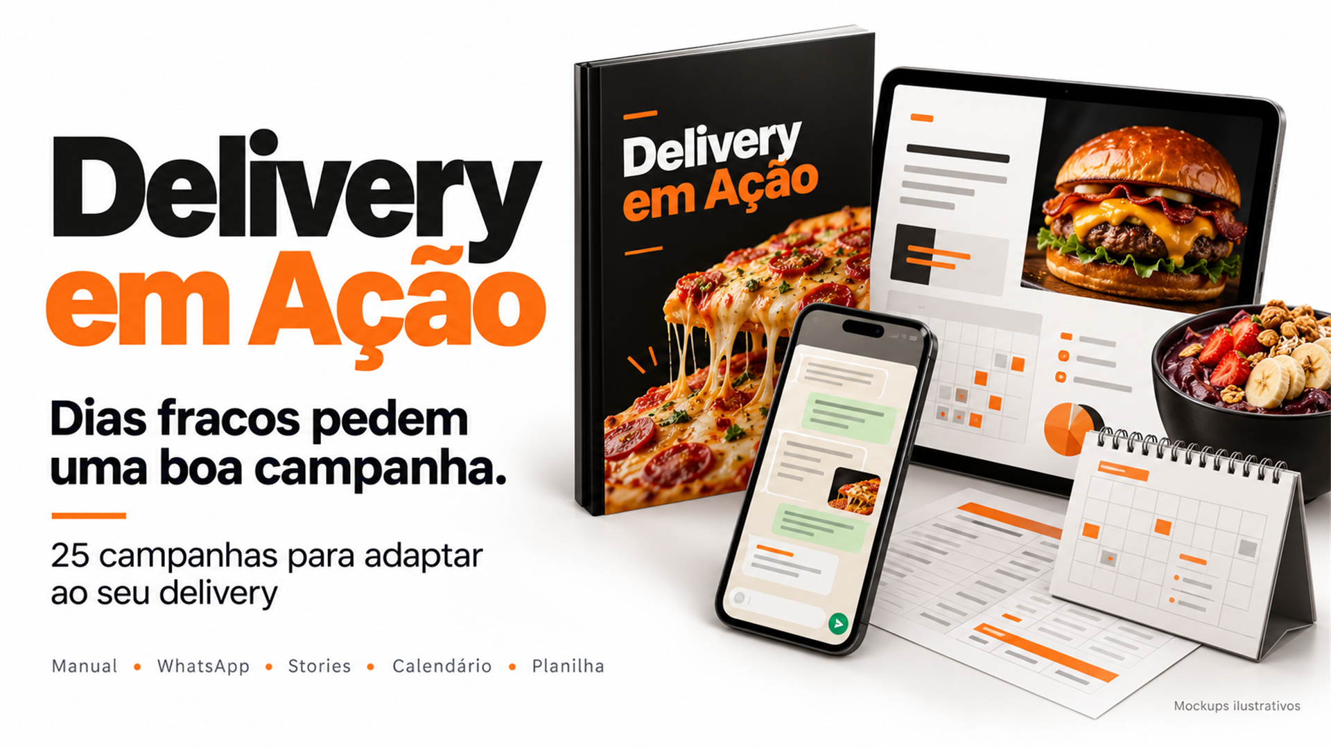 Delivery em Ação: representação ilustrativa dos materiais digitais com celular, tablet, manual e calendário.